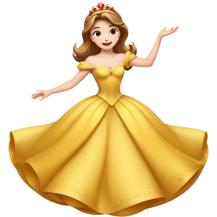 Cinematic Playful Belle Portrait Emoji, Spinning joyfully in her ball gown, arms outstretched, a radiant smile lighting up her face, exuding an enchanting blend of fun and elegance! emoji