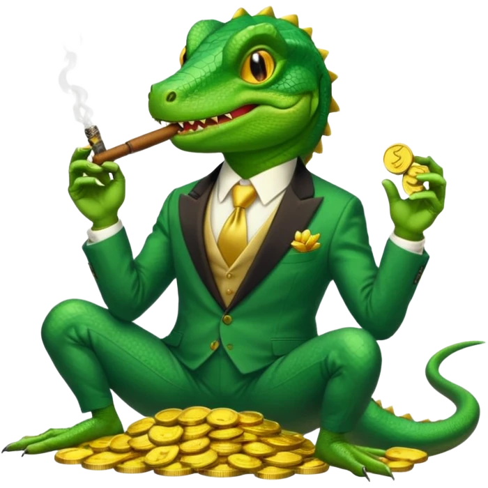 cunning capitalist lizard in a suit holding a cigar, sitting on a pile of gold coins, apple emoji style, no text emoji