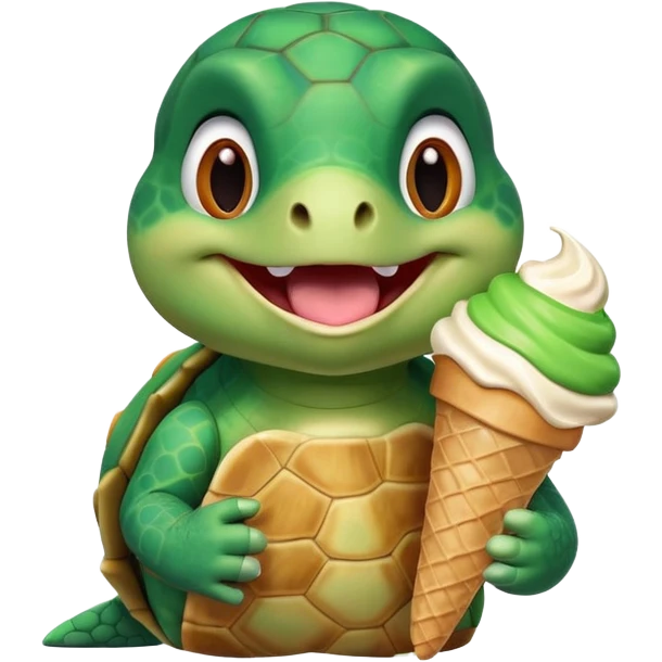cute turtle portrait, head and shoulders only, licking an ice cream cone, funny happy expression, 3D cartoon, mobile game icon style, clean background, no text, no watermark
 emoji