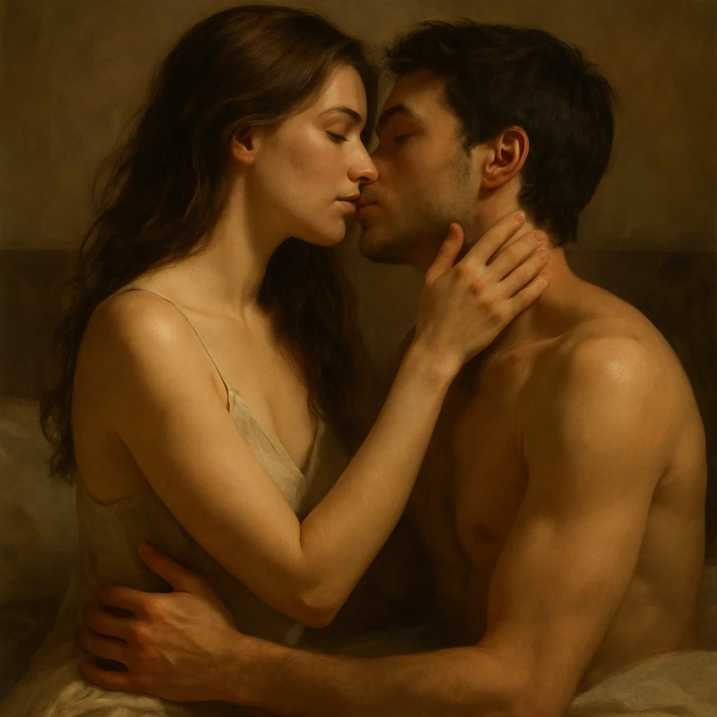 sensual art with soft lighting, depicting an intimate moment between a man and a woman, romantic and tasteful emoji