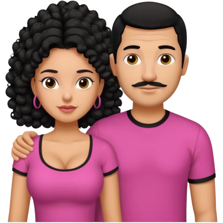 A picture if a couple. the man is a Mexican man with tanned skin, black hair, a bald hair cut, short beard and wearing a black shirt. the woman is mixed with black and white, with curly long hair, wearing a pink shirt and with big boobs emoji