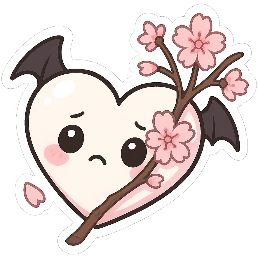 goth sakura heart, white heart with sakura branch and blossoms, pink highlights, playful and sweet emoji