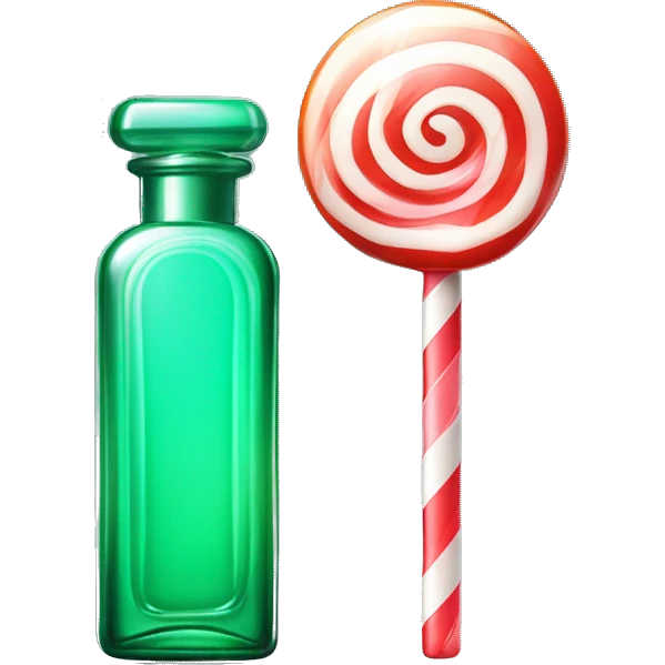 A glass bottle of perfume, like a lollipop, mint, glossy and emerald, shiny, rectangular in shape with a heart-shaped lollipop in the middle emoji
