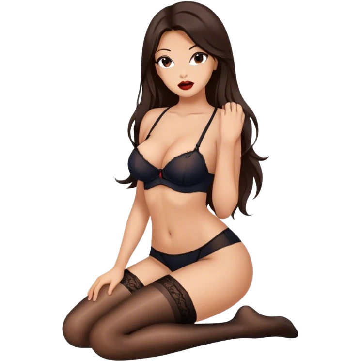 Beautiful Buxom brunette with full lips, long hair and brown eyes, intimate, sfw black nylon stocking pose emoji