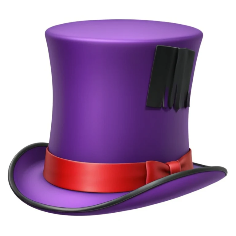 3D apple-style emoji of a tall vintage top hat, simplified shapes, cartoon-like look, glossy finish, soft shadows, white background, tall black hat with wide brim, purple and black checkered ribbon with a red stripe emoji