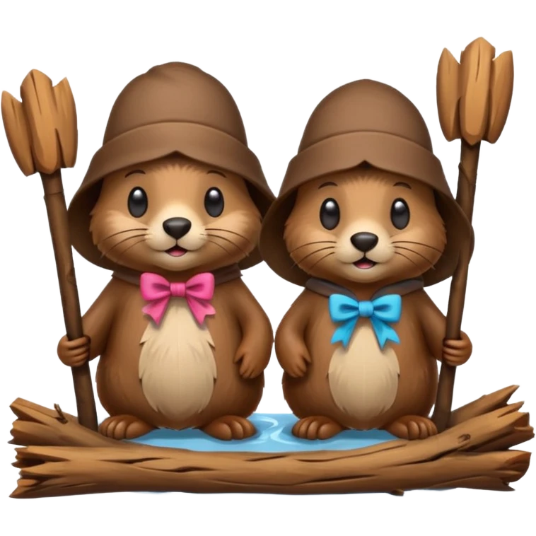 a beaver couple, one a female with a bow on her head in a beaver home made of sticks and logs emoji