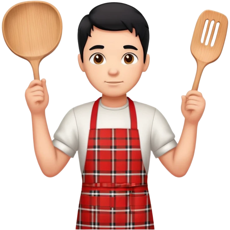 big boy with black hair all up, wearing a red and white plaid apron emoji