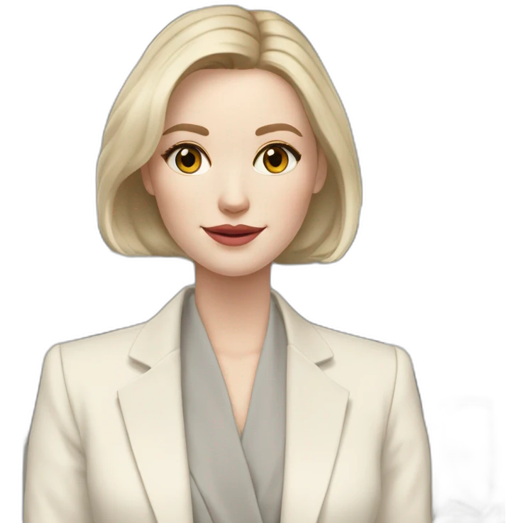 pale skin woman with ash blonde Straightened bob Hair, White Spacious classical jacket, beige palazzo Arrow pants and gray blouse holding a color palette in the hands emoji