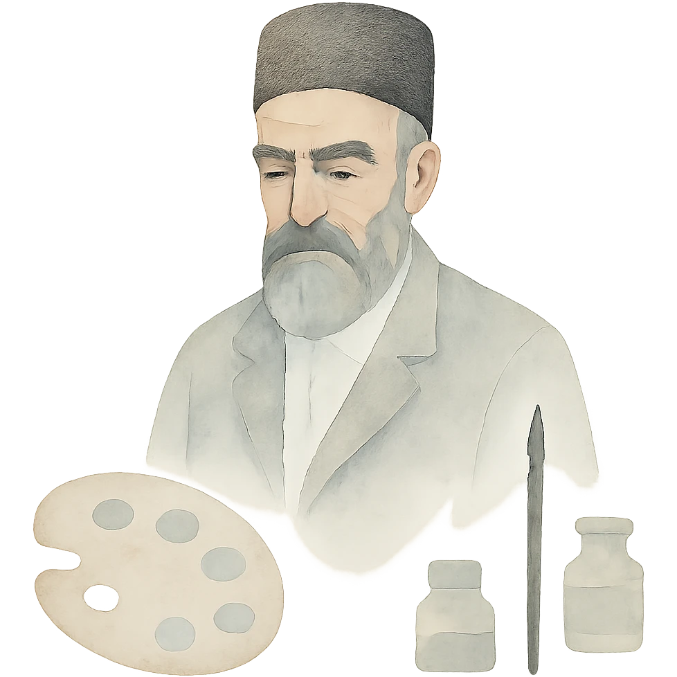 Kamal-ol-molk, Iranian painter, watercolor art style, surrounded by art supplies emoji