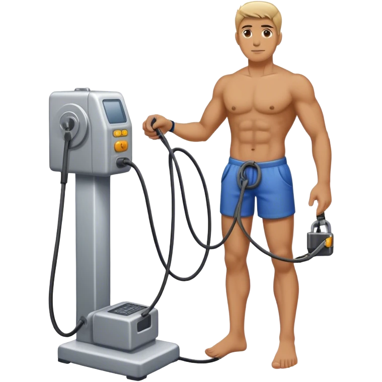 guy standing next to cable-machine with cable tied to ankle emoji