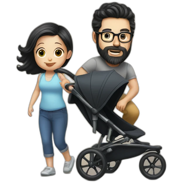 White man with Black hair,  beard and glasses pushing buggy with blonde baby emoji
