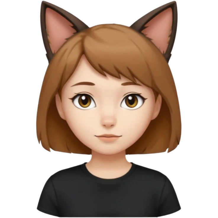 a girl with short brown wolf cut , cat ears and a tail, with a black t-shirt on emoji