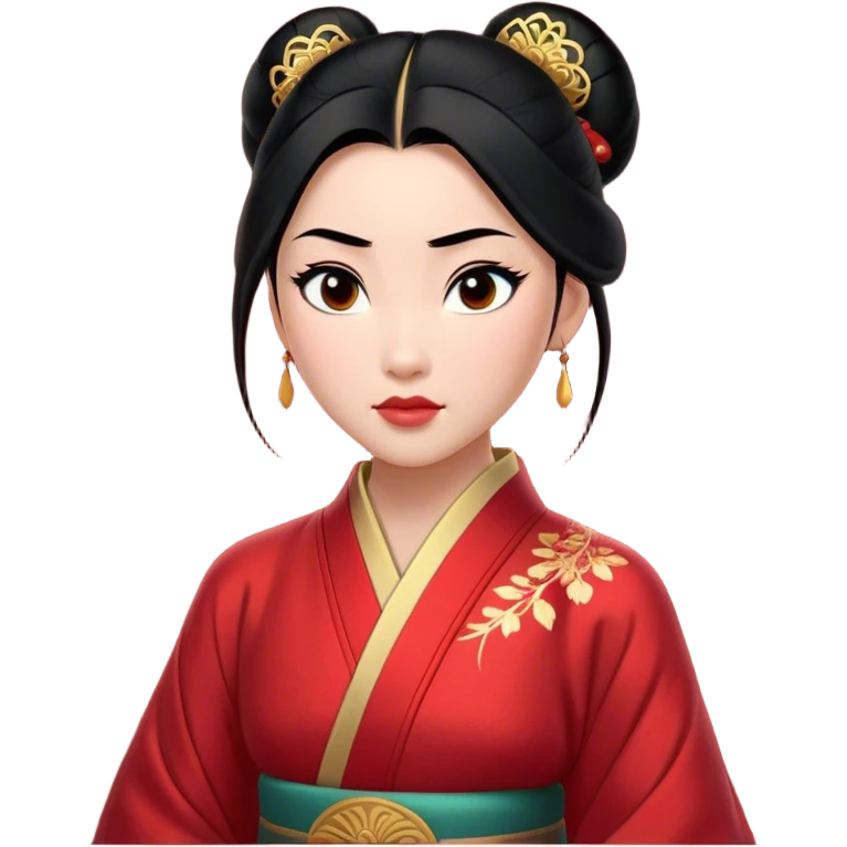 Cinematic Realistic Majestic Mulan Portrait, featuring finely rendered light skin with natural luminescence and expressive, determined eyes. Her black hair is styled with care into an elegant bun, and every fold of her traditional robe—adorned with subtle red motifs and refined gold trim—is depicted with intricate fabric detail. The scene is bathed in soft, natural light that enhances the depth and authenticity of the image, conveying a noble and serene aura that embodies timeless elegance and inner fortitude. emoji