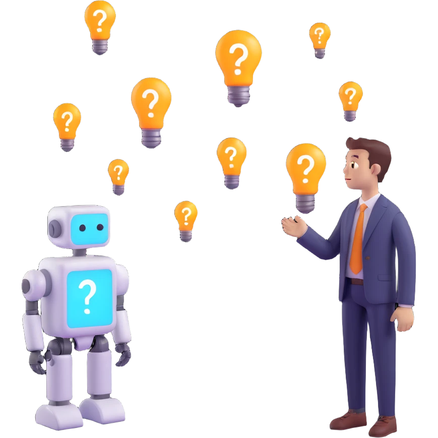 3D emoji style illustration of a thoughtful person looking at a friendly AI robot, with question marks and lightbulbs above their heads, representing curiosity and concern about the future of work with AI emoji