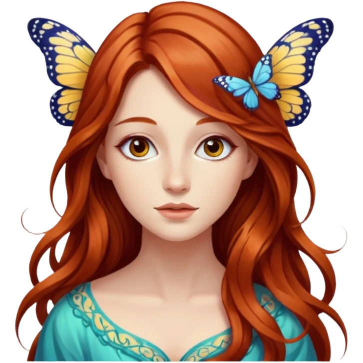 Woman with long flowing auburn hair wearing a butterfly emoji