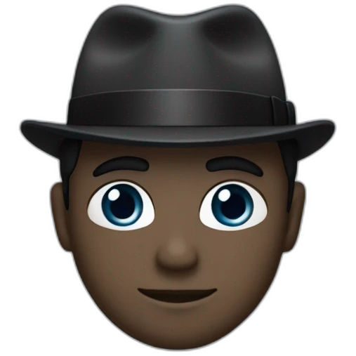 Man with cobalt black/grey skin wearing a black formal suit with a black tie, wearing a fedora with a white accent color, and white pupils. emoji