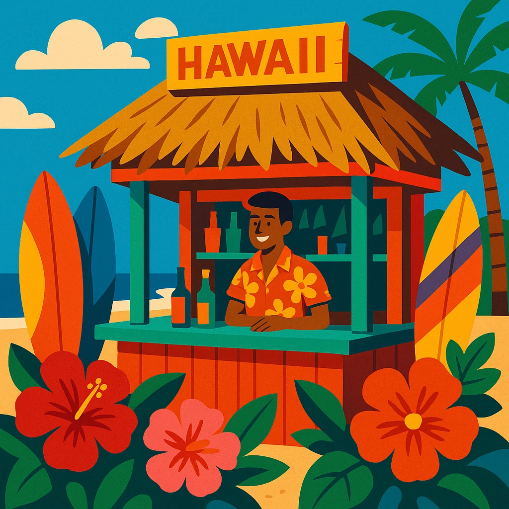 a beachside bar in Hawaii, with surfboards, flowers, and a thatched roof emoji