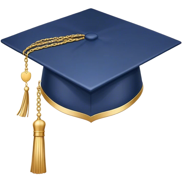 A dark navy-blue graduation cap (mortarboard) with a golden scale of justice symbol in the center, representing law and jurisprudence. The cap has a clean, structured design with a flat, square top. A golden tassel hangs from one side, slightly curved as if swaying. The overall design is sleek, modern, and minimalistic, with smooth lines and soft shading. The background is plain white to keep the focus on the cap and its symbolic meaning emoji
