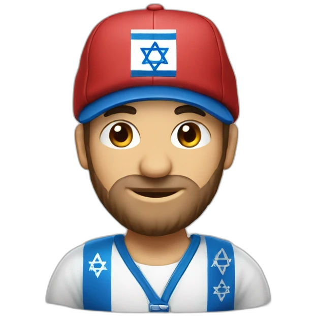 A man dressed in the colors of the State of Israel with a Star of David shirt and a cap on his head emoji