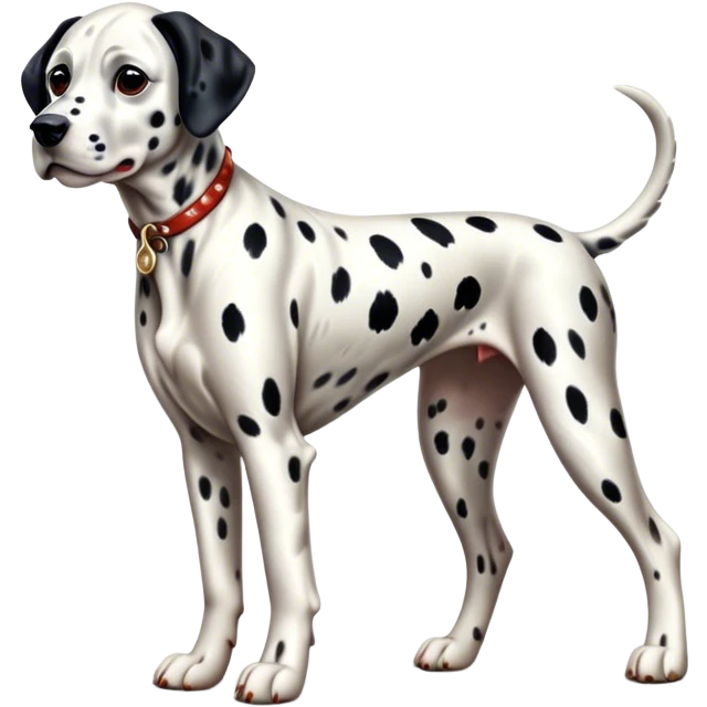 Cinematic Realistic full-body portrait of a Dalmatian dog, rendered with glossy, meticulously detailed spotted fur and expressive, alert eyes, set against a clean, neutral backdrop that highlights its regal and athletic stance. emoji
