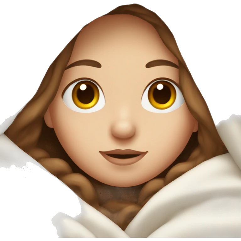 Pale Girl with brown hair  laying down cozy in a white blanket emoji