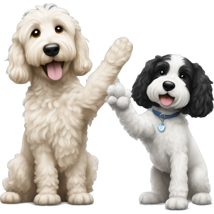 goldendoodle dog and black and white dog giving each other a high five emoji
