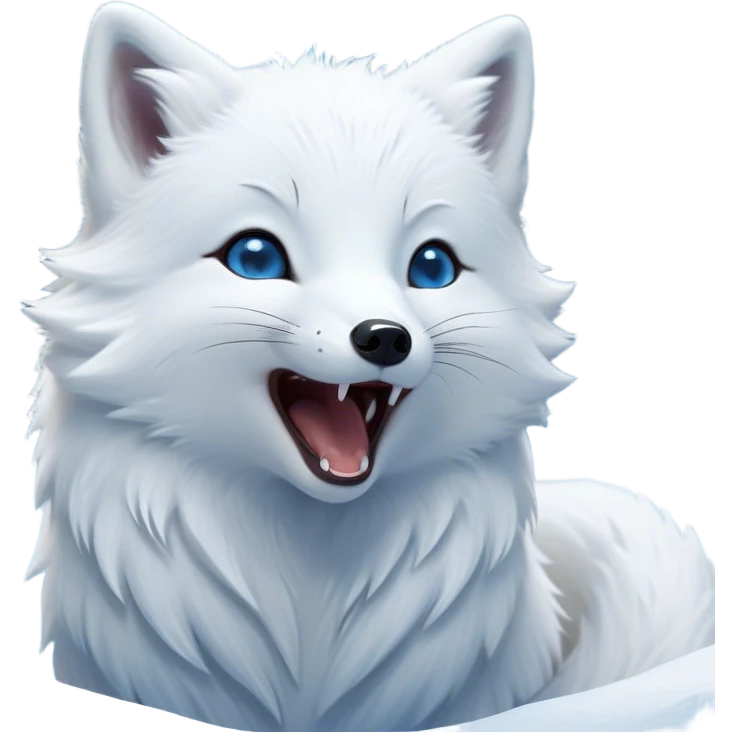 Cinematic Cute Yawning Arctic Fox Portrait Emoji, Head tilted slightly with a dramatic, wide-open yawn, showcasing a soft, downy white Fur with subtle icy blue accents and gently drooping ears, round eyes barely open in drowsy contentment, Simplified yet irresistibly adorable features, highly detailed, glowing with a soft, cozy glow, high shine, relaxed yet expressive, stylized with a touch of arctic whimsy, bright and endearing, soft glowing outline, capturing the essence of a sleepy yet affectionate arctic fox, so drowsy it feels like it could stretch out of the screen and curl up for a nap! emoji