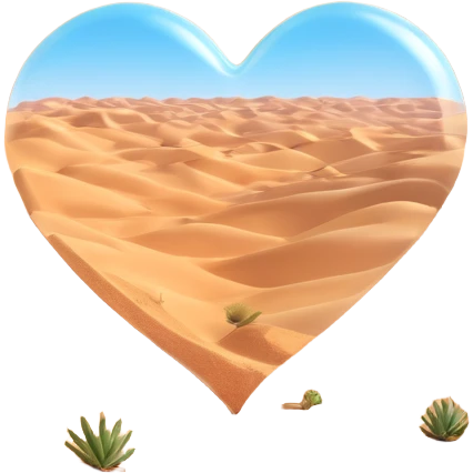 transparent heart-shaped emoji with barren desert sand dunes inside, no plants, clear glass effect emoji