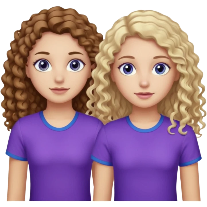 Twin sisters, one has brown eyes, long curly brown hair, the other one has blue eyes and straight blond hair purple top emoji