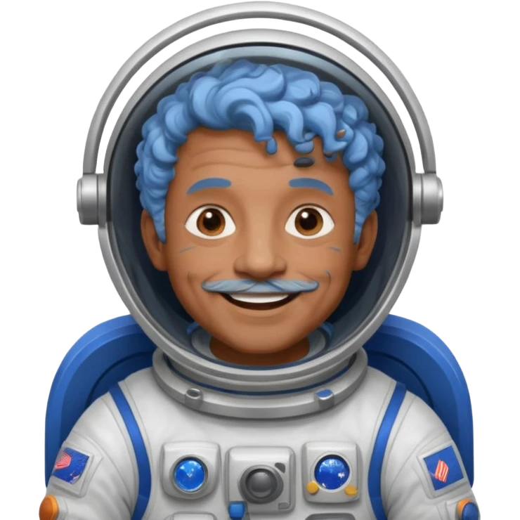 old man, brown skin astronaut with curly blue hair, smile emoji