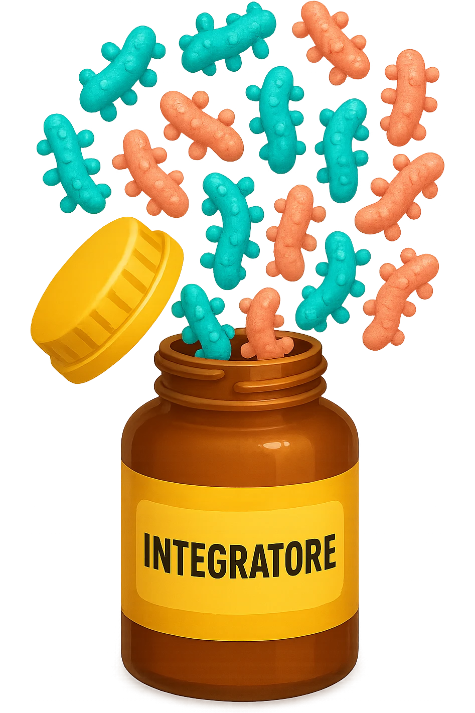 EMOJI STILE IPHONE DI boccetta di integratore con la scritta "INTEGRATORE" SULL'ETICHETTA, con batteri intestinali turchesi e rosa salmone che escono, IPERREALISTICO 4K emoji