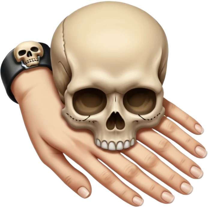 Main avec l’annulaire de baissé, poignet courbé et une tête de mort en tatouage sur le dessus de la main emoji