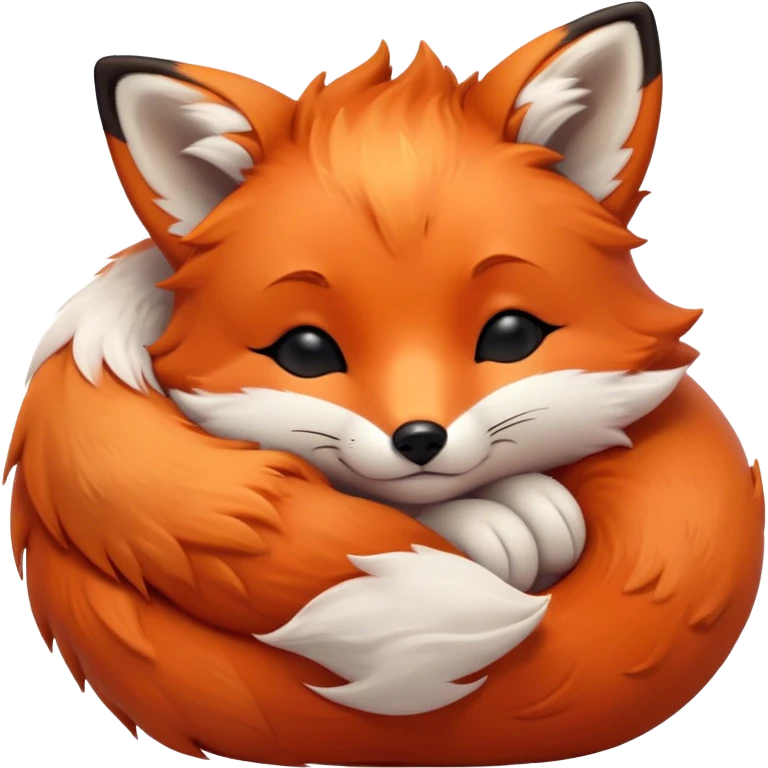 Cinematic cute sleepy fox, curled into a cozy fluffy ball, warm glowing fur, tiny black nose resting on its tail, soft breathing visible, peaceful and charming. emoji