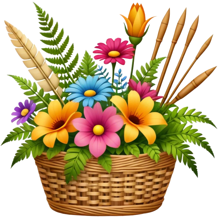 Icon for Floristry: a bouquet of flowers in a woven basket, with reeds, ferns and floral arranging tools nearby, like scissors and a flower stem. The icon should represent creativity in flower design and arranging. Transparent background. emoji