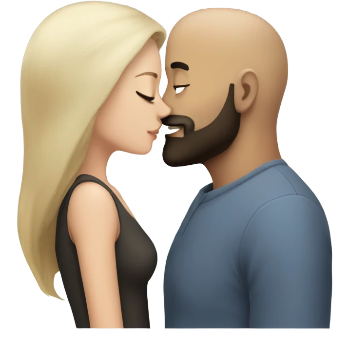 White girl dark hair kissing mixed bald man with beard emoji