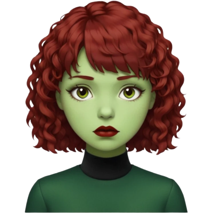 quero que você cria uma mulher, o rosto dela. nela, ela tem cabelo curto e ondulado, tem franja e ela tem semblante triste(cabelo cor meio preto avermelhado) deixe mais cacheado, faça ela bem alternativa (estilo) deixe ela com cor de pele verde emoji