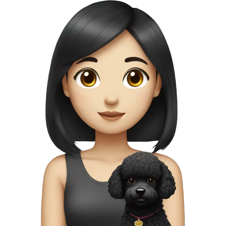 One Korean girl with black straight hair with one black poodle emoji