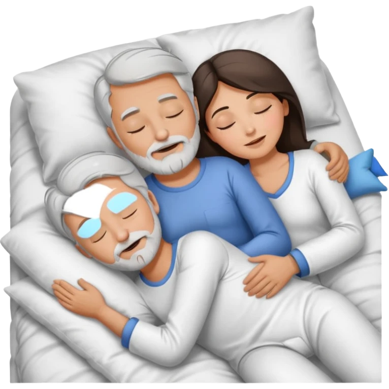 Man with grey hair and beard,beautiful brunette woman sleeping in bed together in the spooning position  emoji