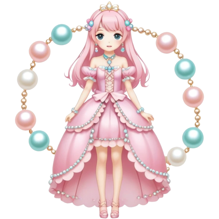 Gorgeous anime style-Ladies-Full body shot-Blush-Full accessories-House core-Fairy core-Kawaii anime-Colorful-Pearls-Romantic-Aesthetic pop style emoji