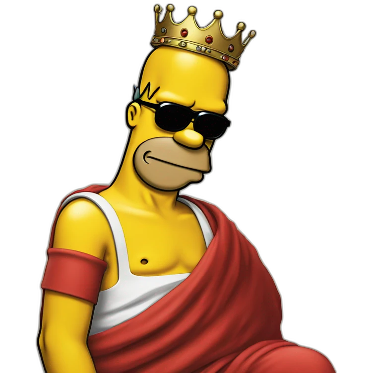 Half body portrait of homer simpson wearing a red cloth, black sunglasses and a crown and sitting in a huge thorn emoji