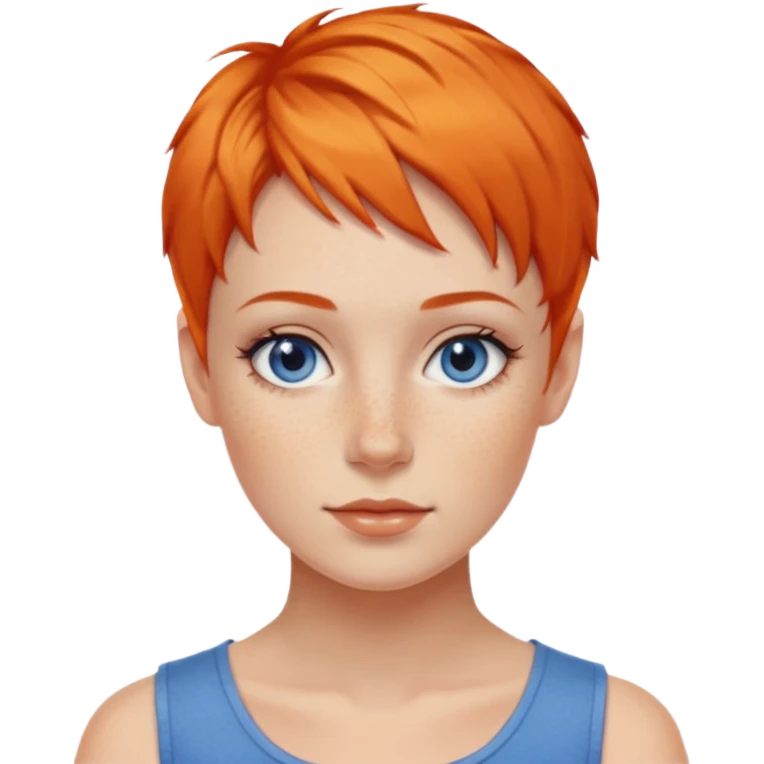 27 year old white woman, orange hair, pixie cut, blue eyes emoji