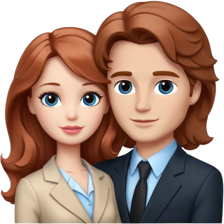 Barbie girl  , eyes blue , Chestnut red long wavy hair In pale beige clothes, Hugs a man with brown hair short haircut, brown eyes , and a black suit emoji