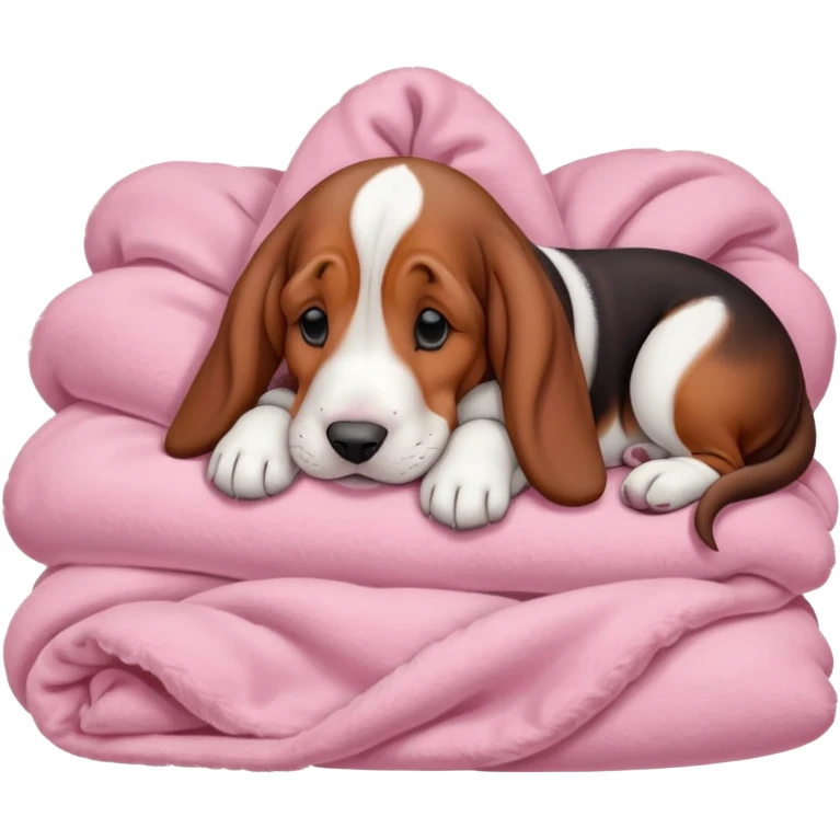 A baby basset hound sleeping on a baby pink blanket  emoji