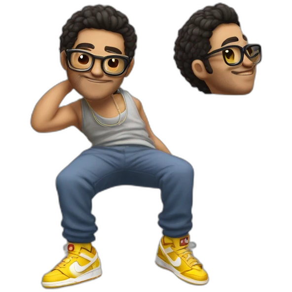 chico rubio  con lentes vestido con buzo y pantalone baggy y zapatillas nike dunk feliz cuerpo entero emoji