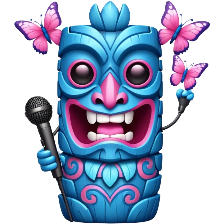 Cartoon Blue and pink tiki singing with butterfly and in the mikrophone emoji