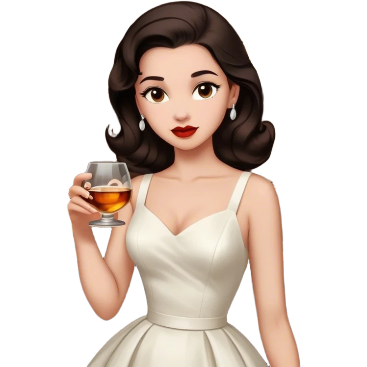 Beautiful woman in 1950’s woman fashion look, white dress, long dark brown hair, whisky with ice emoji