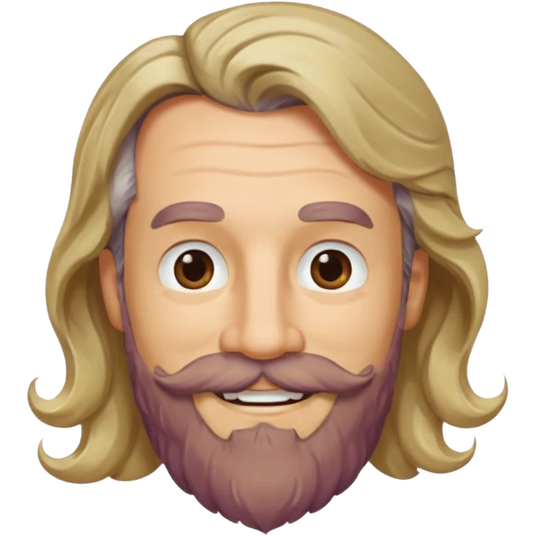 MID AGE MAN WITH LONG BLOND, GREY & bROWN WAVY HAIR; AND BROWN & GREY MOUSTACH AND BEARD, SMILE emoji