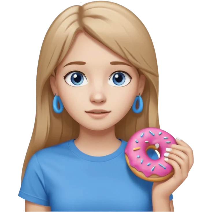 una ragazza dall‘ età di 19 anni con capelli biondo scuro lunghi e lisci ,  occhi celesti,  con addosso una maglietta con una ciambella e le cuffie airpods (bianche) ascoltando violetta emoji