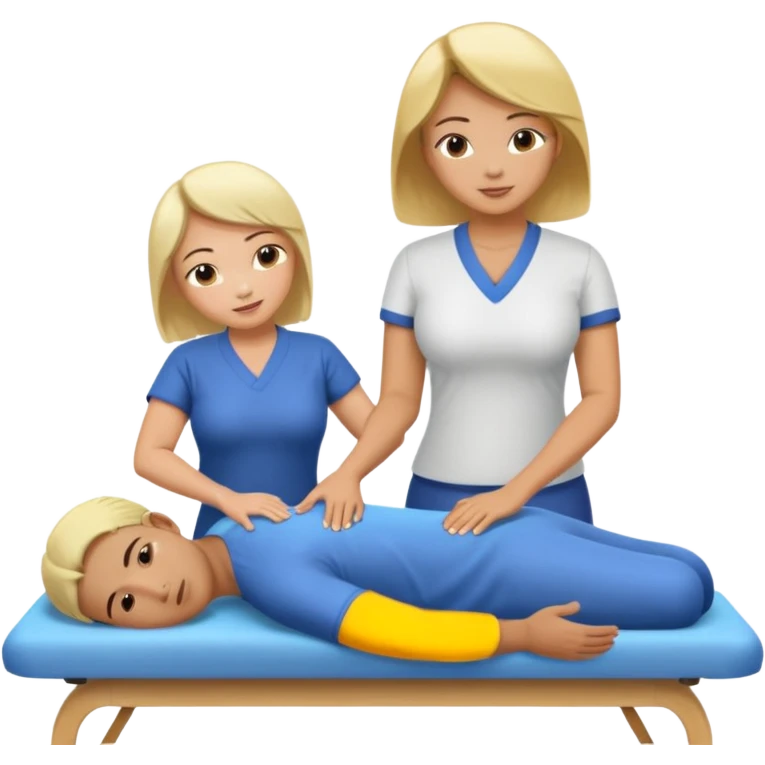 Large breasted asian woman gives a massage to a boy with blonde hair on a massage table emoji