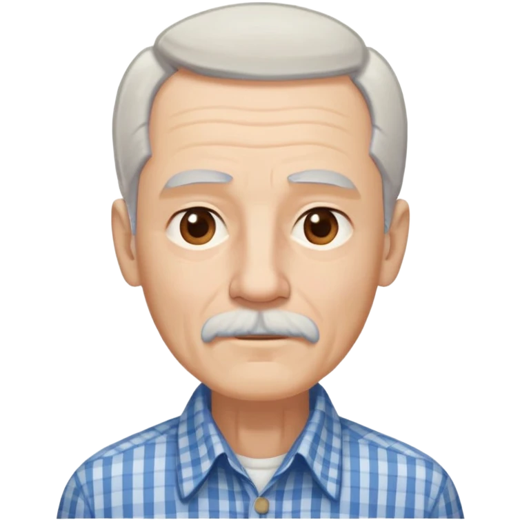 Thin elderly man with light skin. Elongated face with kind expression. Light brown eyes. Thin eyebrows. White goatee and white mustache. Fine straight gray-white hair combed back with some bangs falling on forehead. Slim build. Wearing a blue and beige checkered button-up shirt. emoji